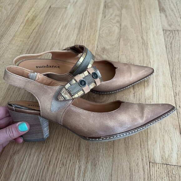 Sundance Brown Leather Slingback Heels Women's Size 38.5 - Picture 5 of 10